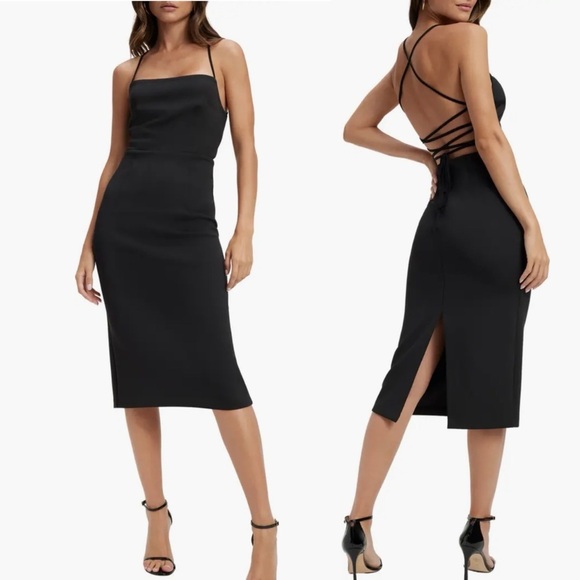 🌻NEW NWOT Good American Black Vacay Lace-Up Scuba Crepe Midi Dress Size 3 Large - Picture 1 of 16